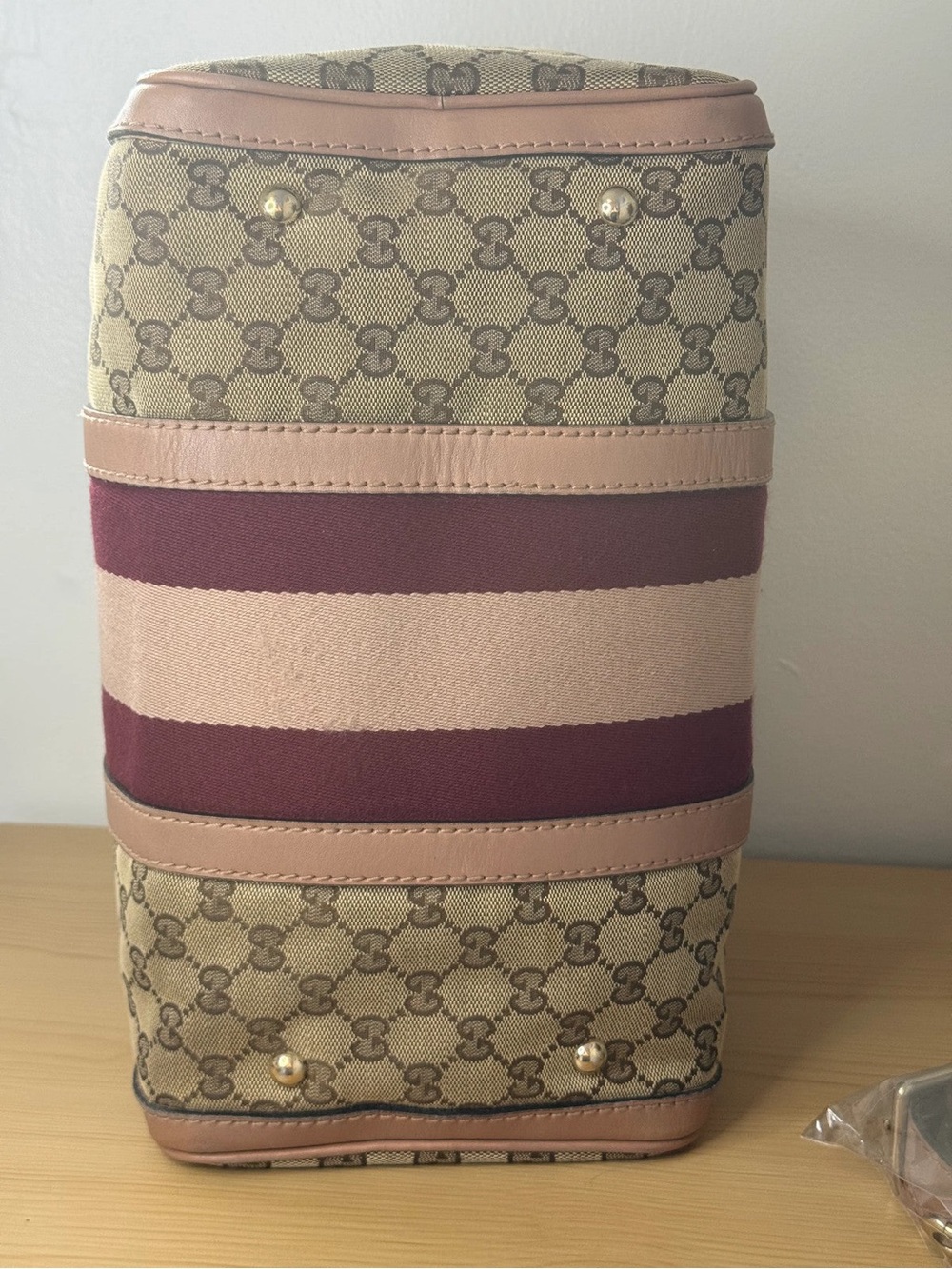 Gucci Beige GG Canvas Boston Bag with Pink and Burgundy Stripes - Picture 7 of 10
